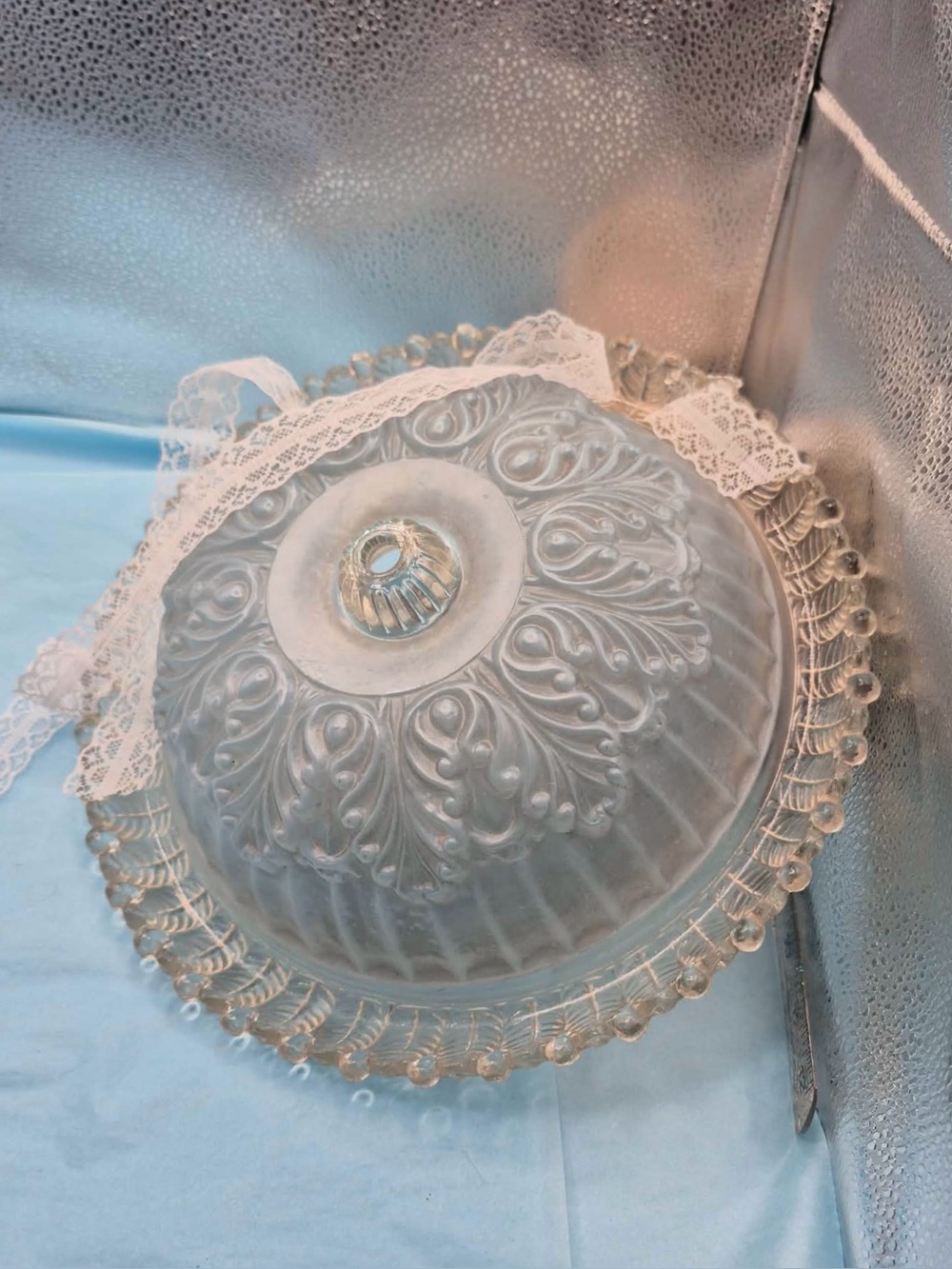 Antique 1930s Frosted Light Blue Glass Ceiling Light Shade Cover by Moe Bridges